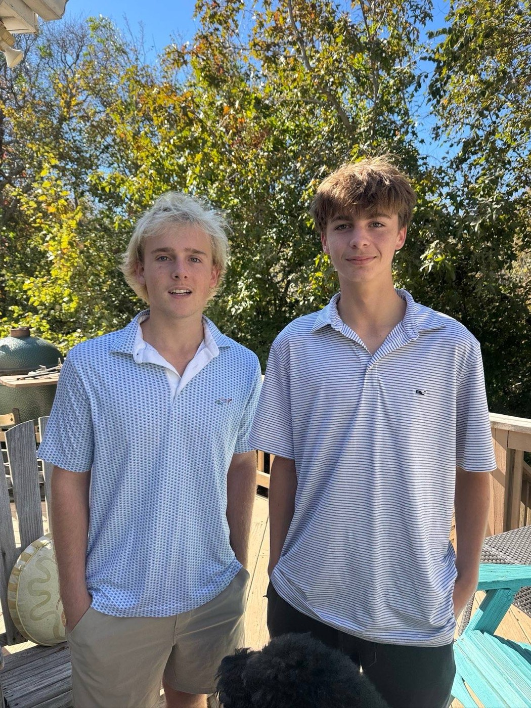The two crew members standing on a back deck